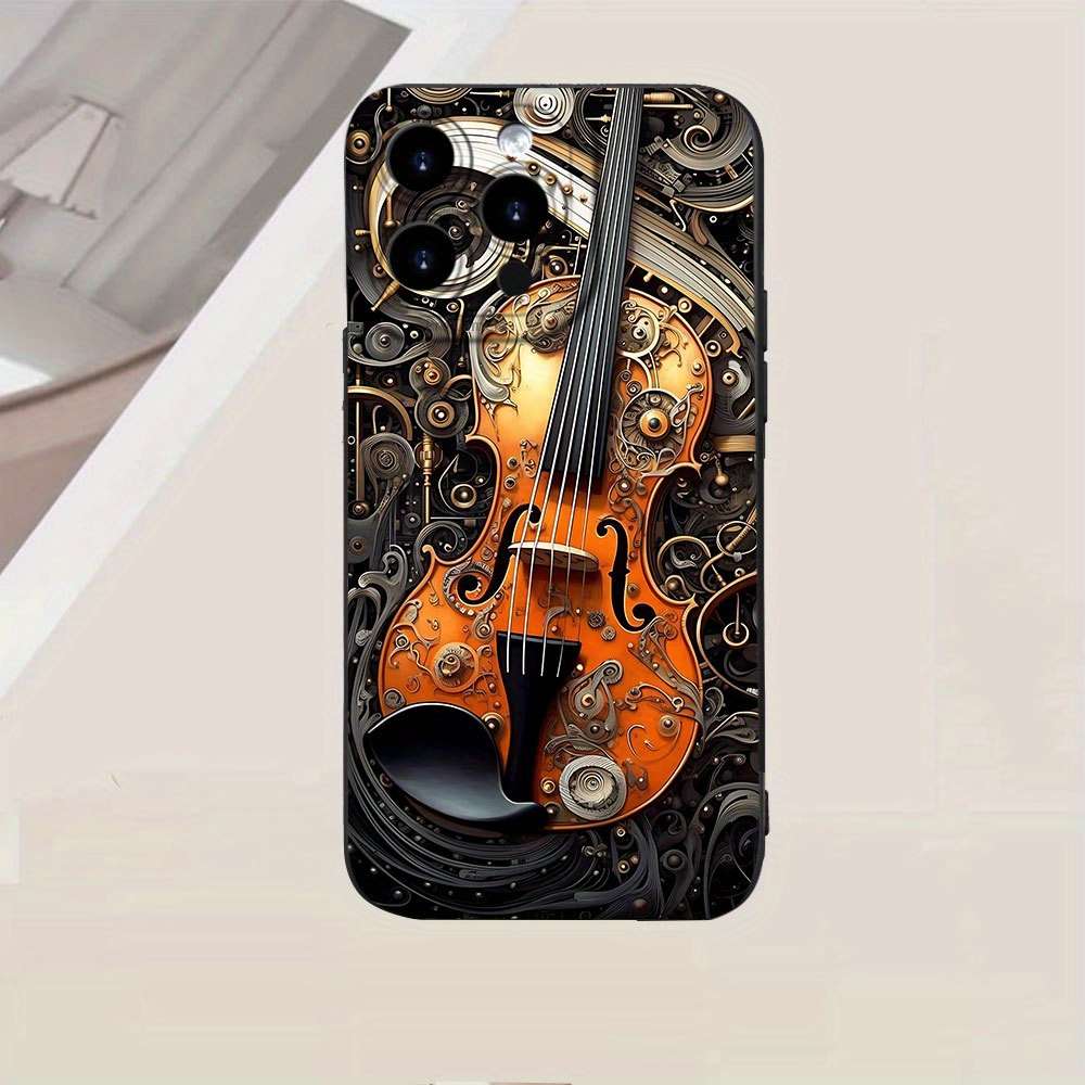 1Pc Black For iPhone 16e Steampunk Violin Pattern Phone Case