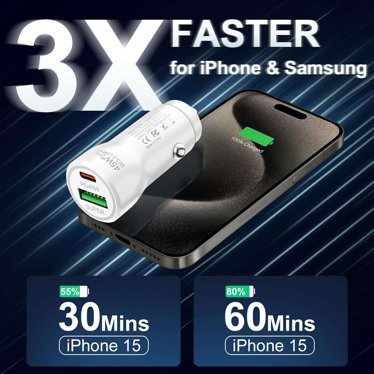 Charger Items 1Pc Car Charger Add 2Pcs 1M Cable