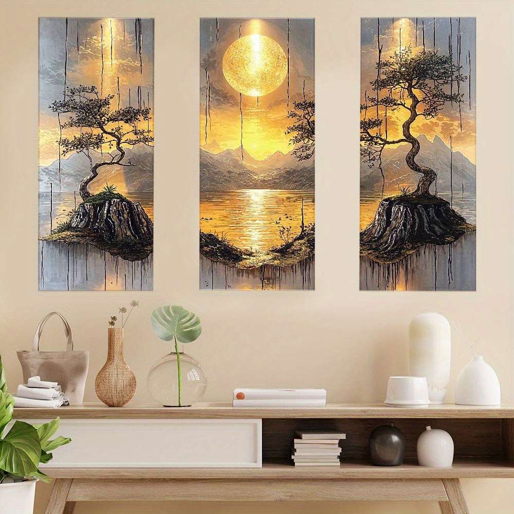 3Pcs Classic Leaflure Bonsai Tree Wall Art Golden Sun Mountain Living Room