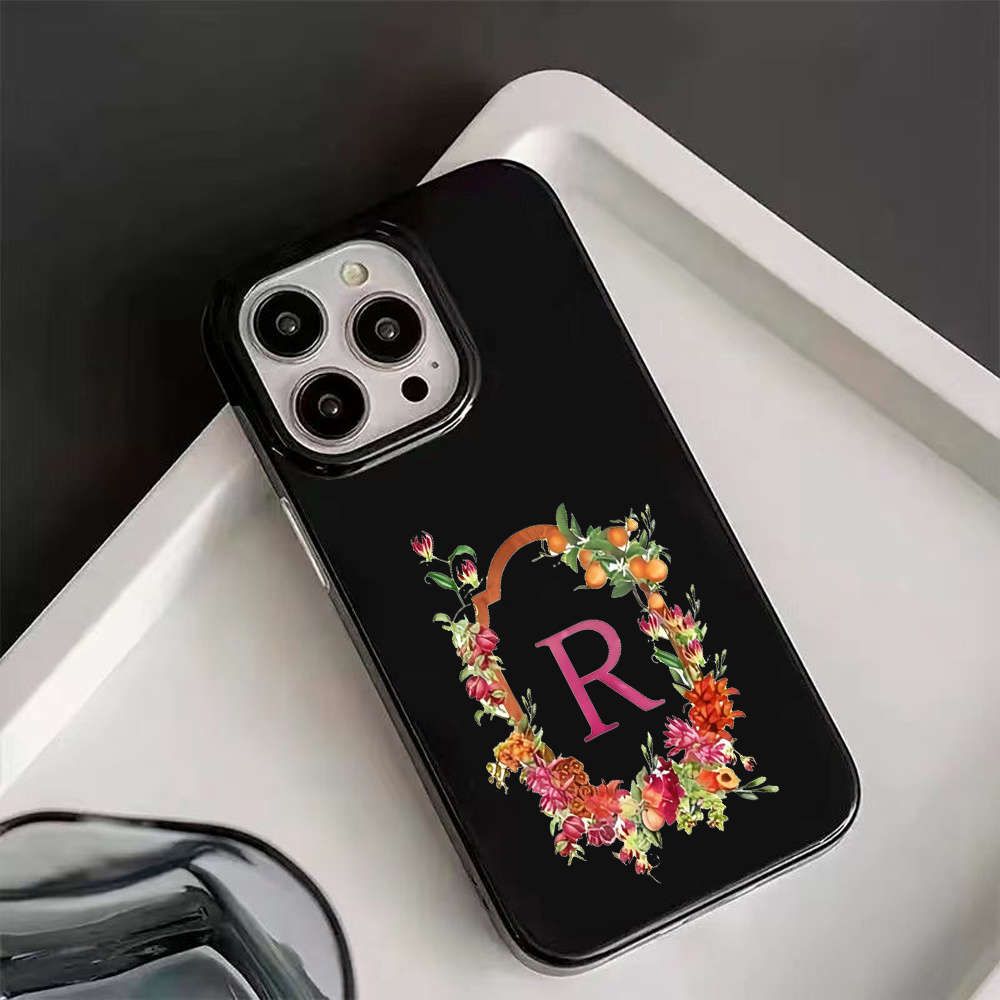 1Pc Black For iPhone 16 Pro Floral Letter R Design Phone Case