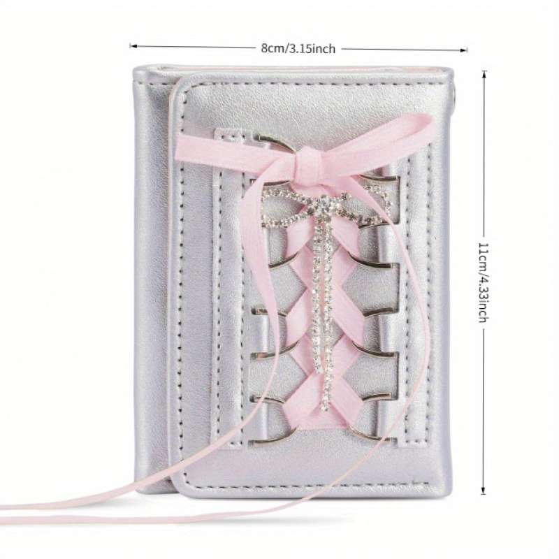 1pc Ballet Style Strap Wallet Short Design with Button Closure Three-Fold PU Card Holder Pra