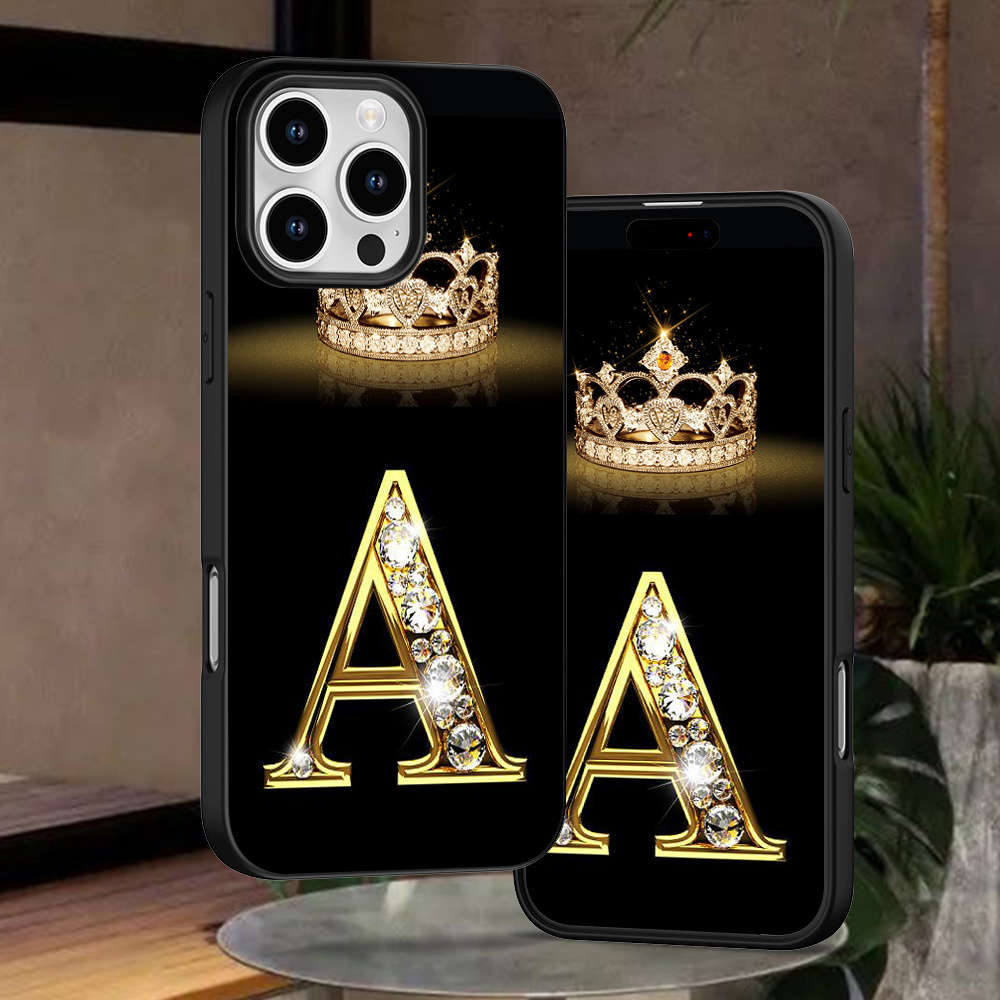 1Pc Black For iPhone 14 Plus Crown Letter A Pattern Phone Case