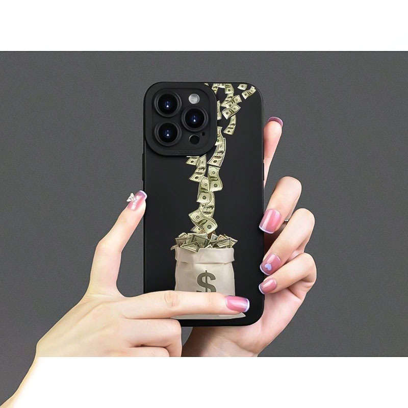 1Pc Black For iPhone 16 Plus Money Pattern Phone Case