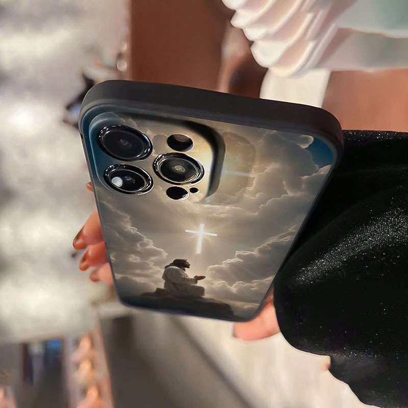 1Pc Black For iPhone 14 Pro Max Jesus Cross Pattern Phone Case