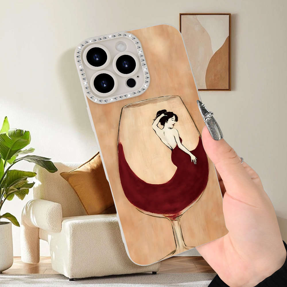 1Pc Ivory White For iPhone 16 Red Wine Print Phone Case