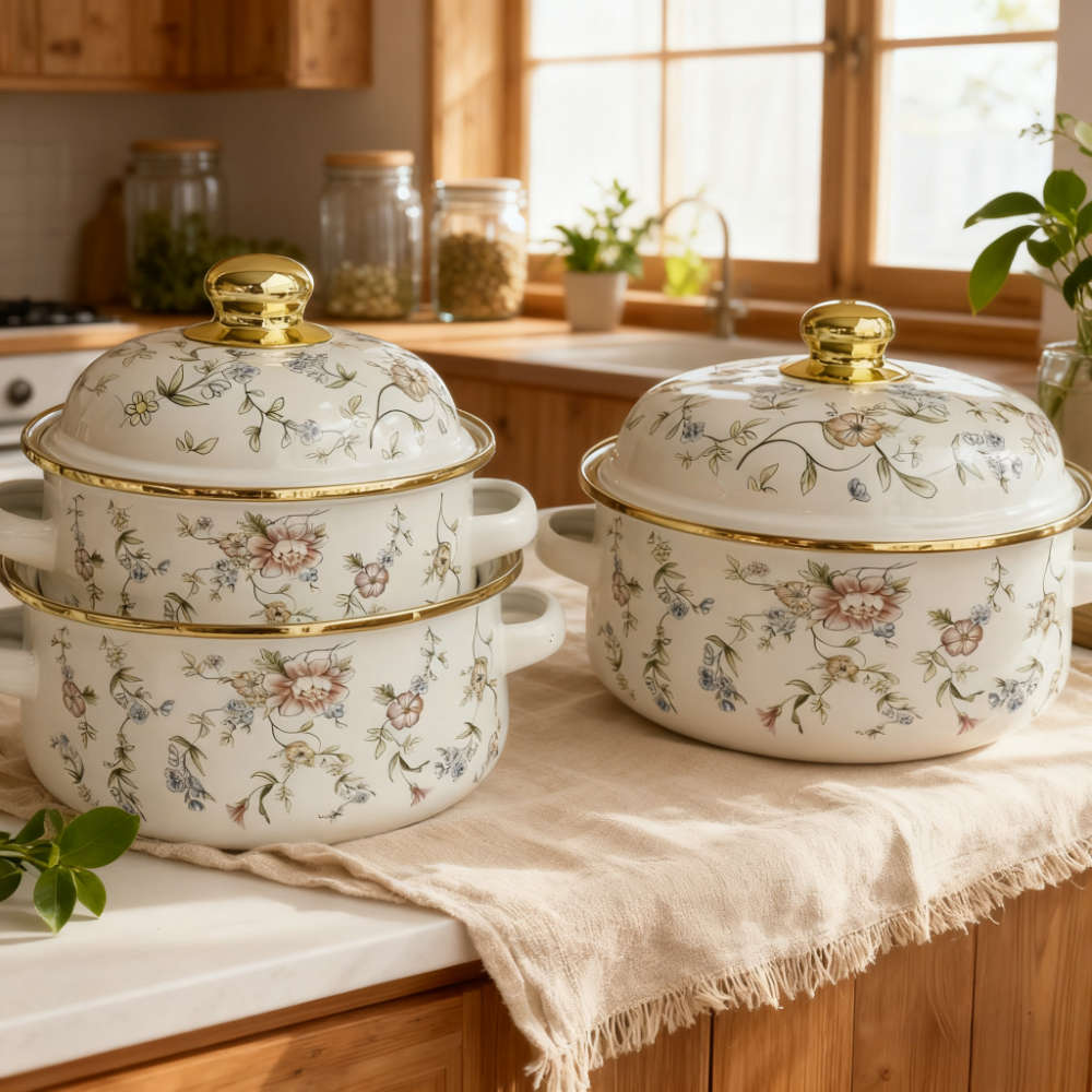 5Pcs Classic Vintage Enamel Cookware Set With Heavy Restaurant