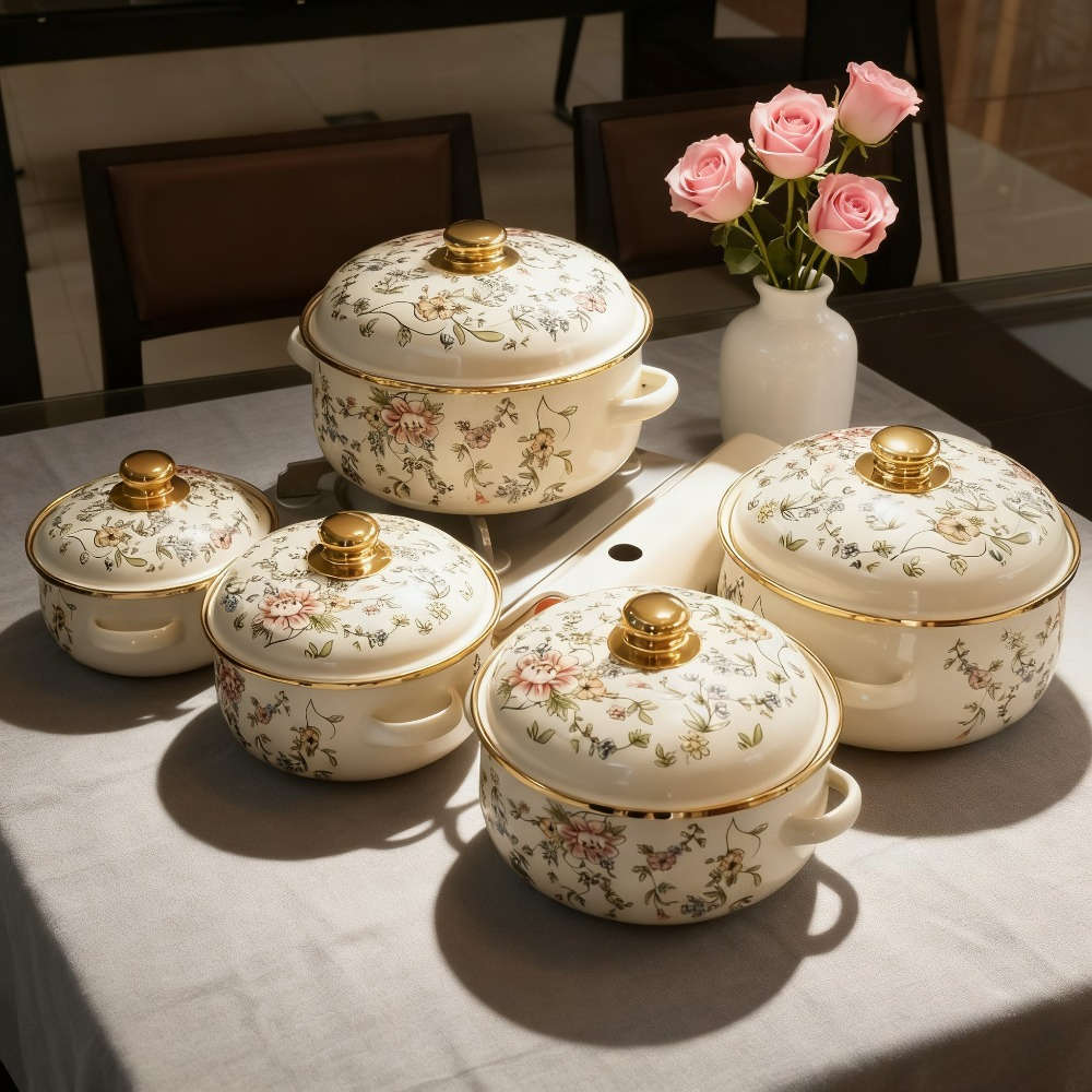 5Pcs Classic Vintage Enamel Cookware Set With Heavy Restaurant