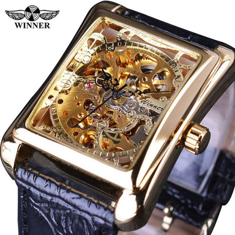High Value Casual Skeleton Rectangle Watches Men Ultra Thin Mechanical