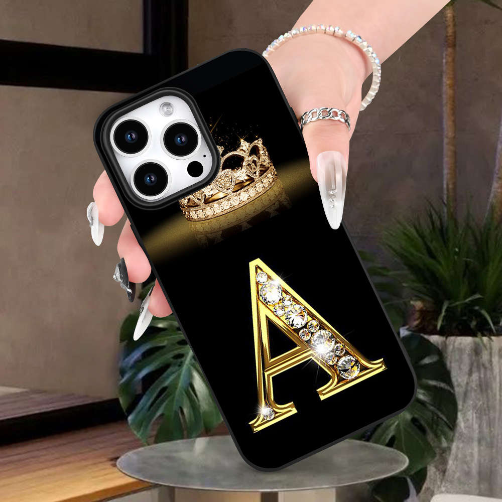 1Pc Black For iPhone 14 Plus Crown Letter A Pattern Phone Case