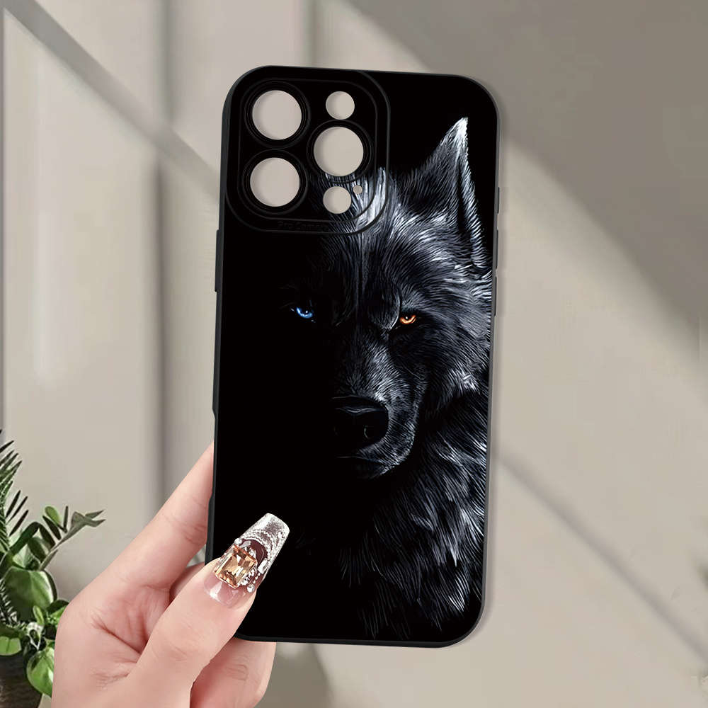 1Pc Black For iPhone 15 Wolf Pattern Phone Case