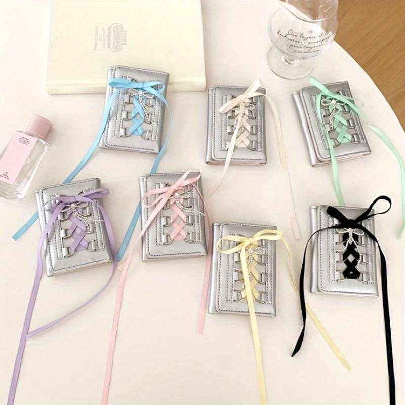 1pc Ballet Style Strap Wallet Short Design with Button Closure Three-Fold PU Card Holder Pra