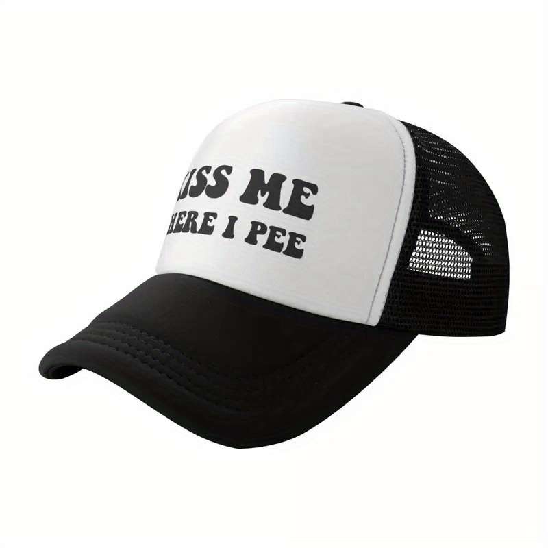 1pc Kiss Me Where I Pee Adjustable Breathable Baseball Cap Black with White Front Panel Polyes
