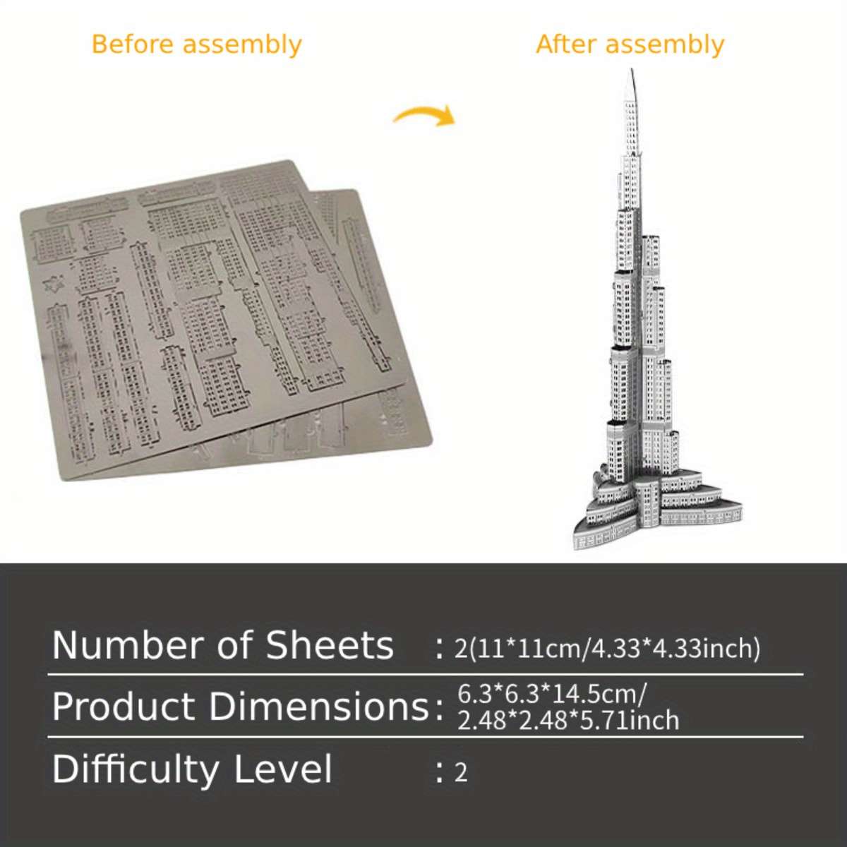 3D Building Model Puzzle Set Color Silver Burj Dubai  Without Tools