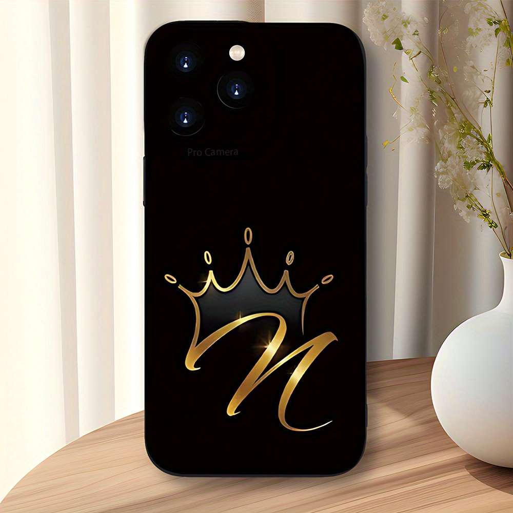 1Pc Black For iPhone 16 Plus Golden Crown Design Phone Case