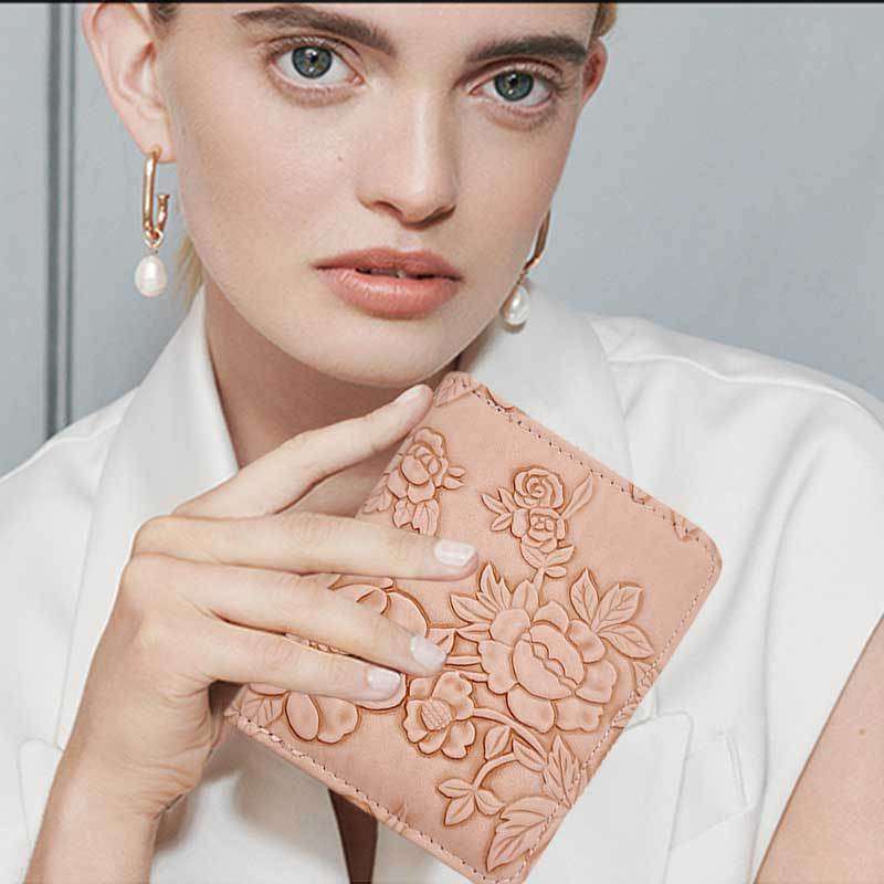 Women'S Pink Embossed Floral Zipper Walletlarge Capacity Card Holder With Chain Strap Elega