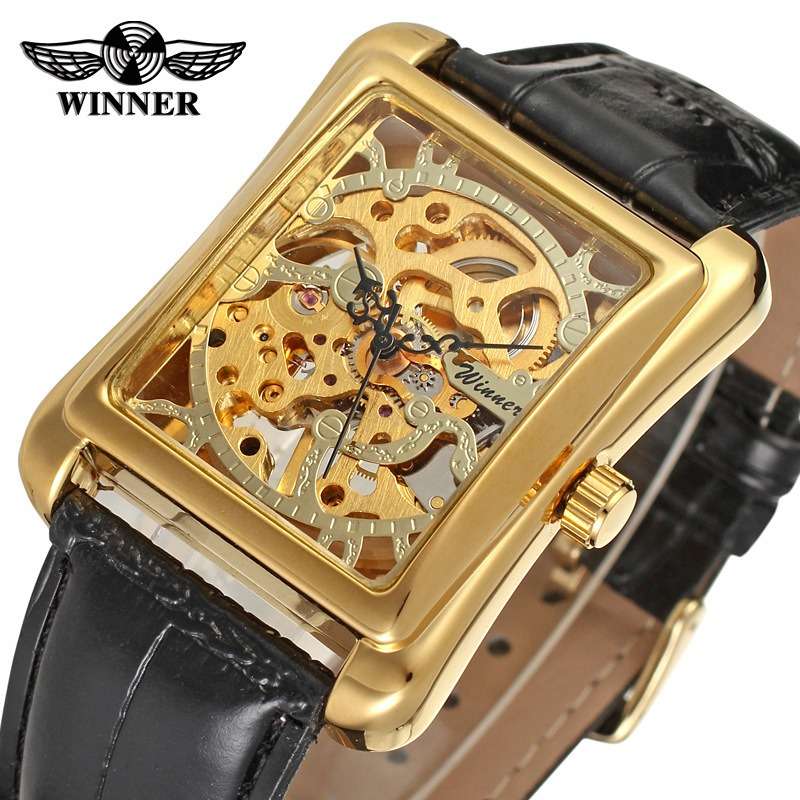High Value Casual Skeleton Rectangle Watches Men Ultra Thin Mechanical