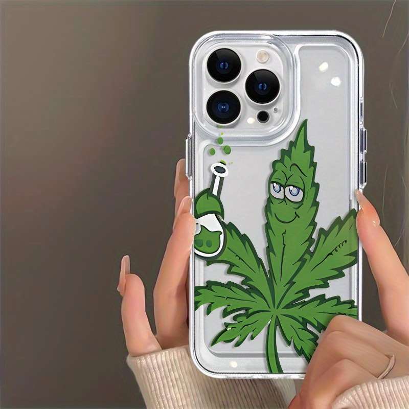 1Pc Transparent For iPhone 16 Green Leaf Pattern Phone Case
