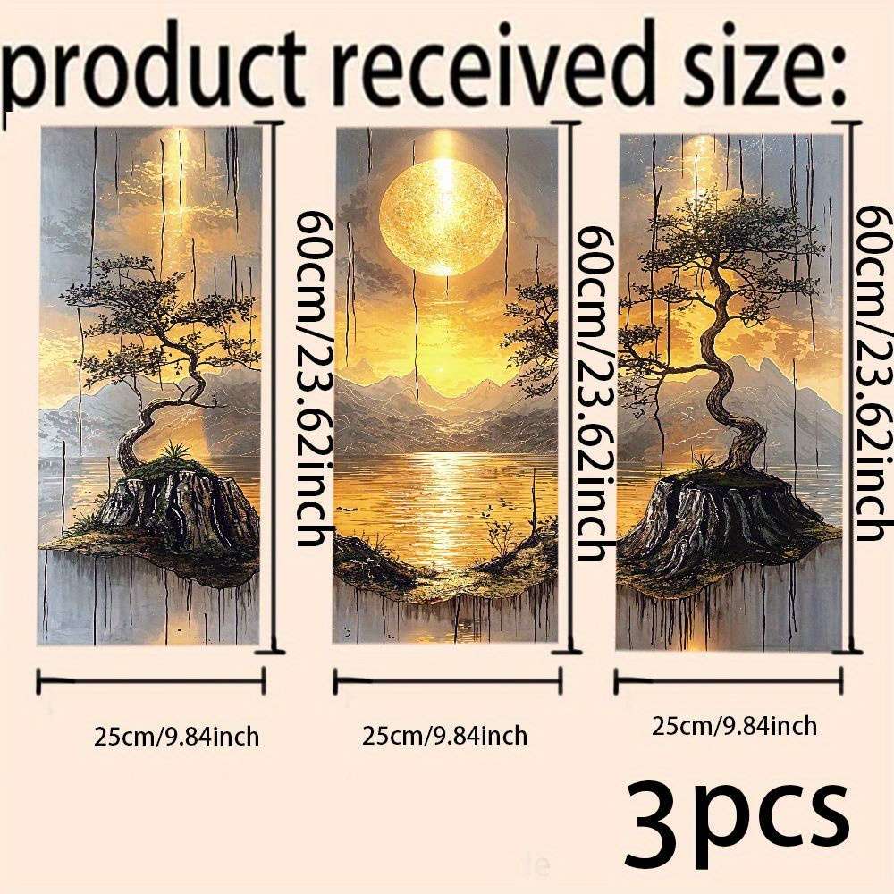 3Pcs Classic Leaflure Bonsai Tree Wall Art Golden Sun Mountain Living Room