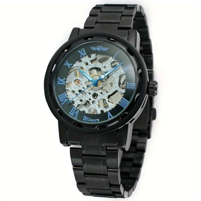 Modern Mens Mechanical Watch Skeleton Dial Full Black Dial Alloy Case