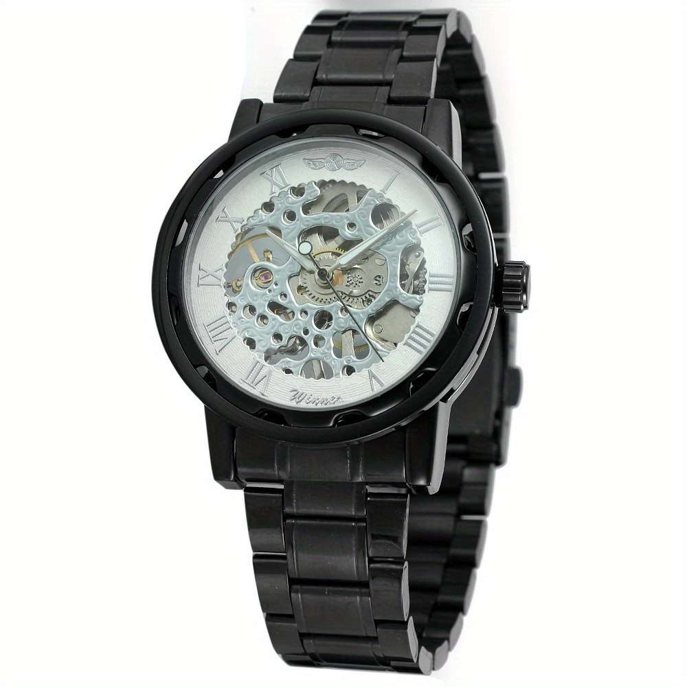 Modern Mens Mechanical Watch Skeleton Dial Full Black Dial Alloy Case