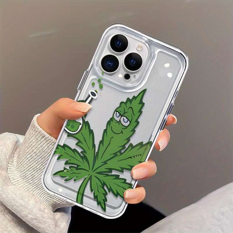 1Pc Transparent For iPhone 16 Green Leaf Pattern Phone Case