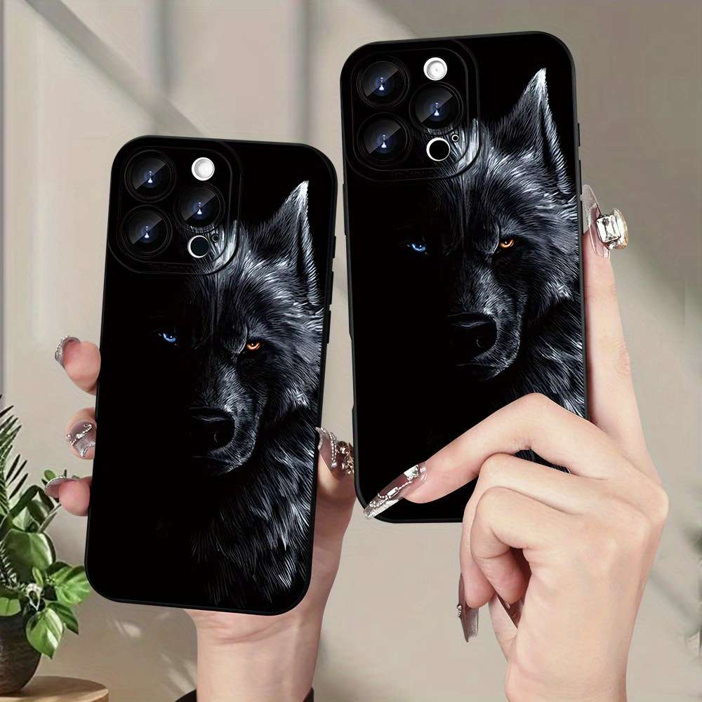 1Pc Black For iPhone 15 Wolf Pattern Phone Case
