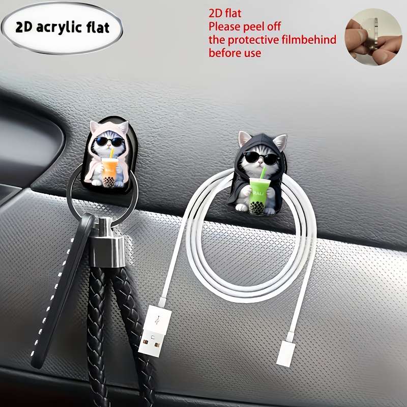 2D Flat Cute Cat Drinking Juice Pattern Adhesive Car Storage Quantity 2pcs