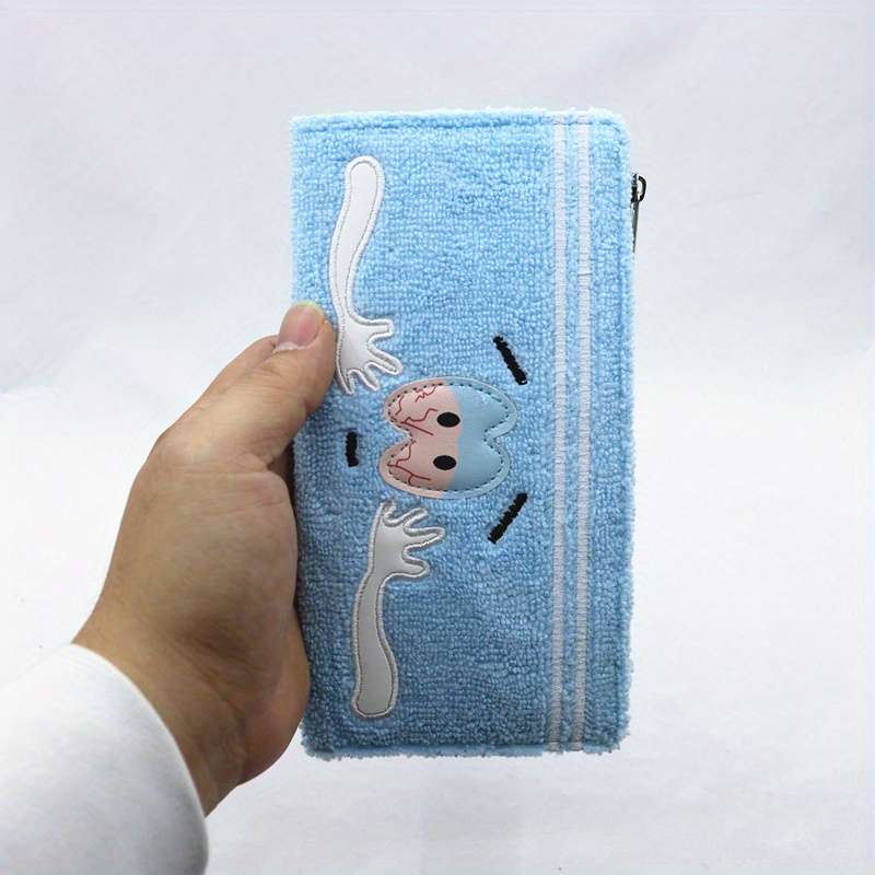 Sky Blue Cartoon Plush Zip Wallet Large Capacity Card Holder With Smiling Face Design Soft S