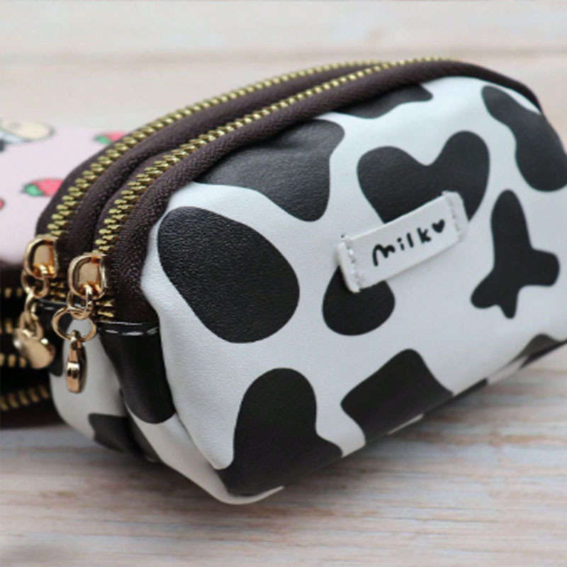 Cow Print Double Zipper Large Capacity Walletdurable Polyester Coin Purse With Multiple Compa