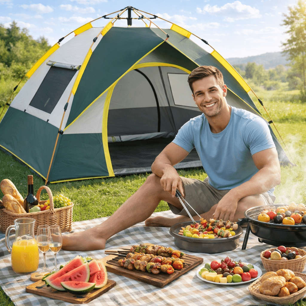 Durable Large Space Camping Tent Green Pvc Polyester Fiber Double Door Zipper