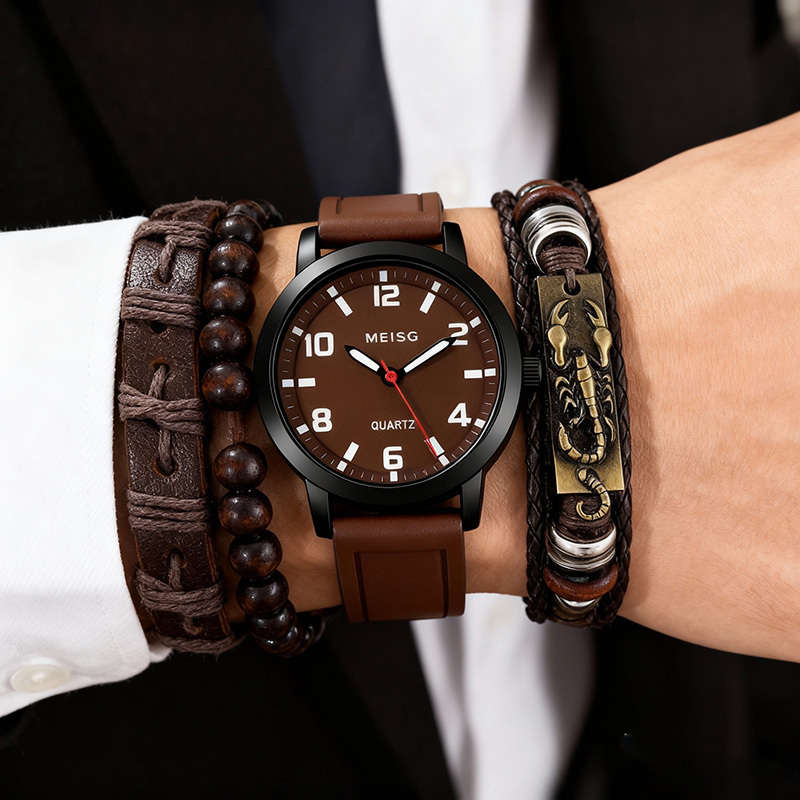 4Pcs Men Elegant Quartz Watch And Bracelet Set Fashionable Brown With