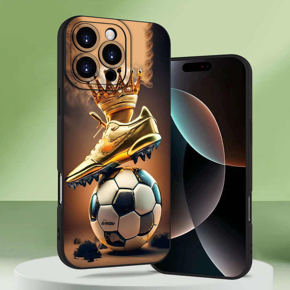 1Pc Black For iPhone 16 Pro Max Crown Golden Boot Soccer Phone Case