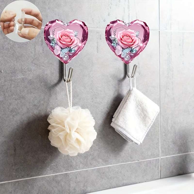 2D Flat Pink Rose Cartoon Pattern Hook Wall Mounted Easy To