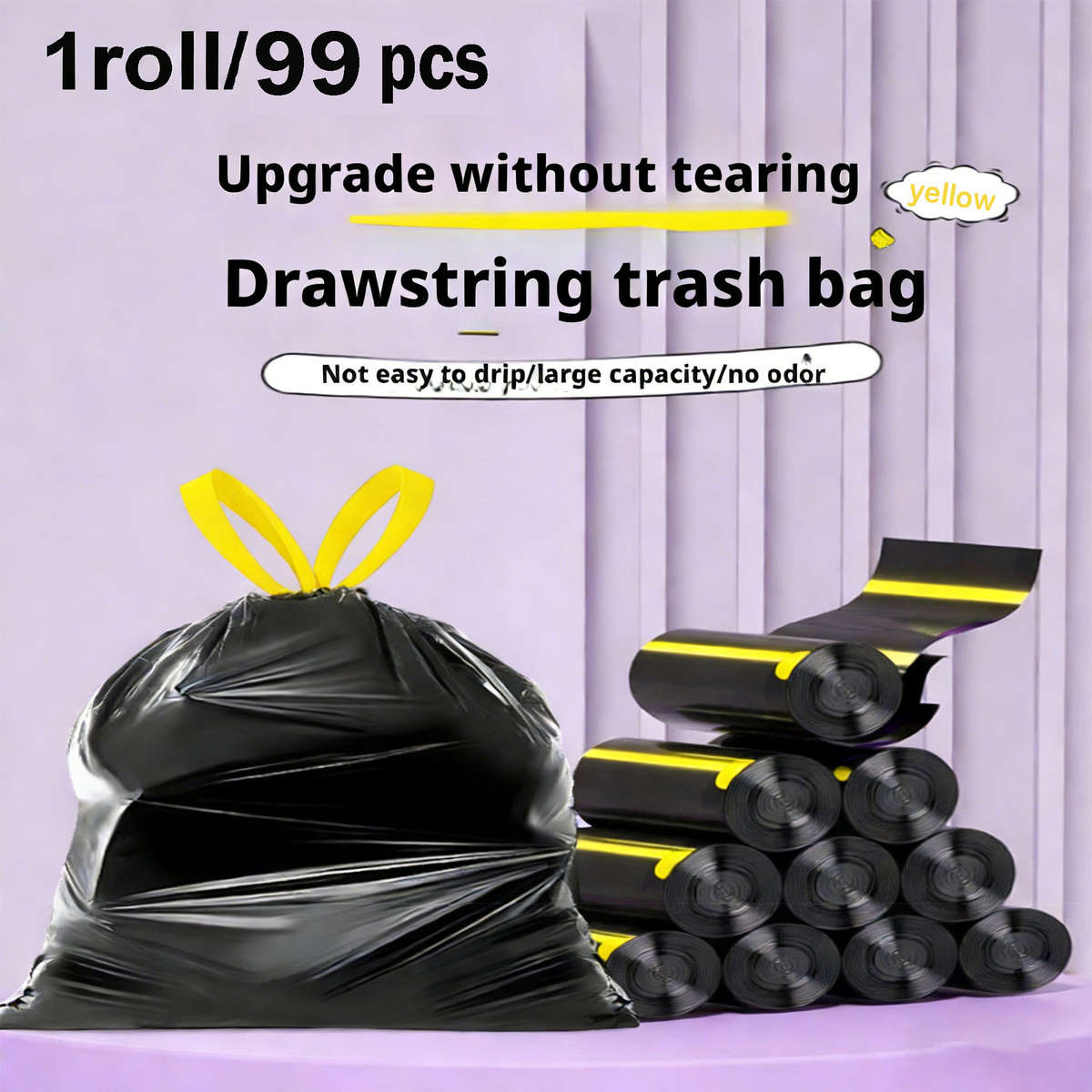 Trash Bagblack And Yellow Drawstringquantity1Roll99Pcs