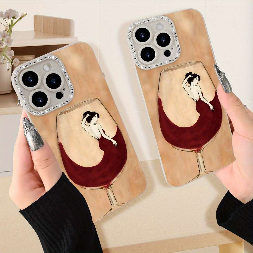 1Pc Ivory White For iPhone 16 Red Wine Print Phone Case