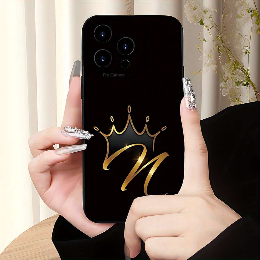 1Pc Black For iPhone 16 Plus Golden Crown Design Phone Case