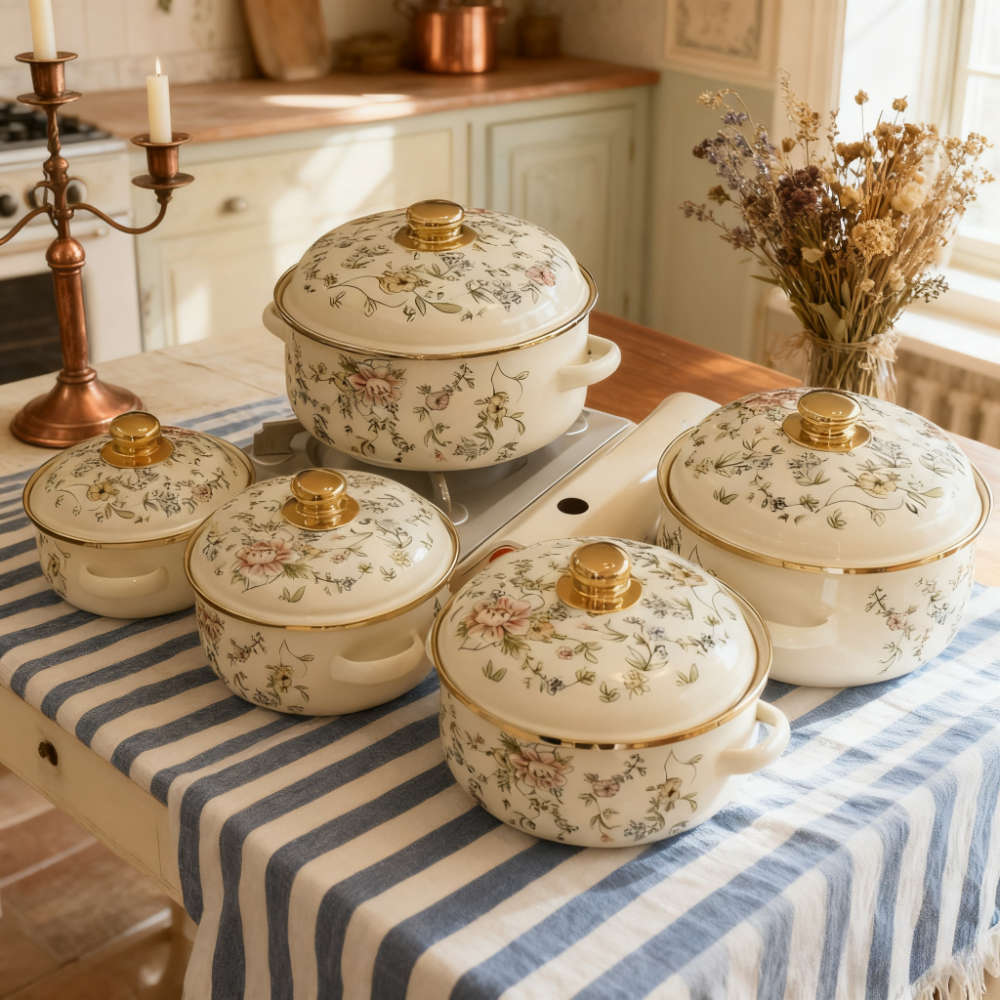 5Pcs Classic Vintage Enamel Cookware Set With Heavy Restaurant