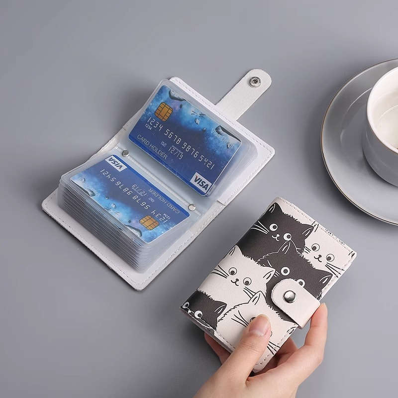 1pc Cute Black and White Cat Card Holder Ultra-Thin Faux Leather Large Capacity Anti-Degaussing