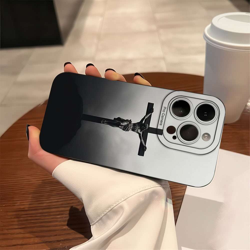 1Pc Black For iPhone 13 Mini Cross Jesus Print Phone Case