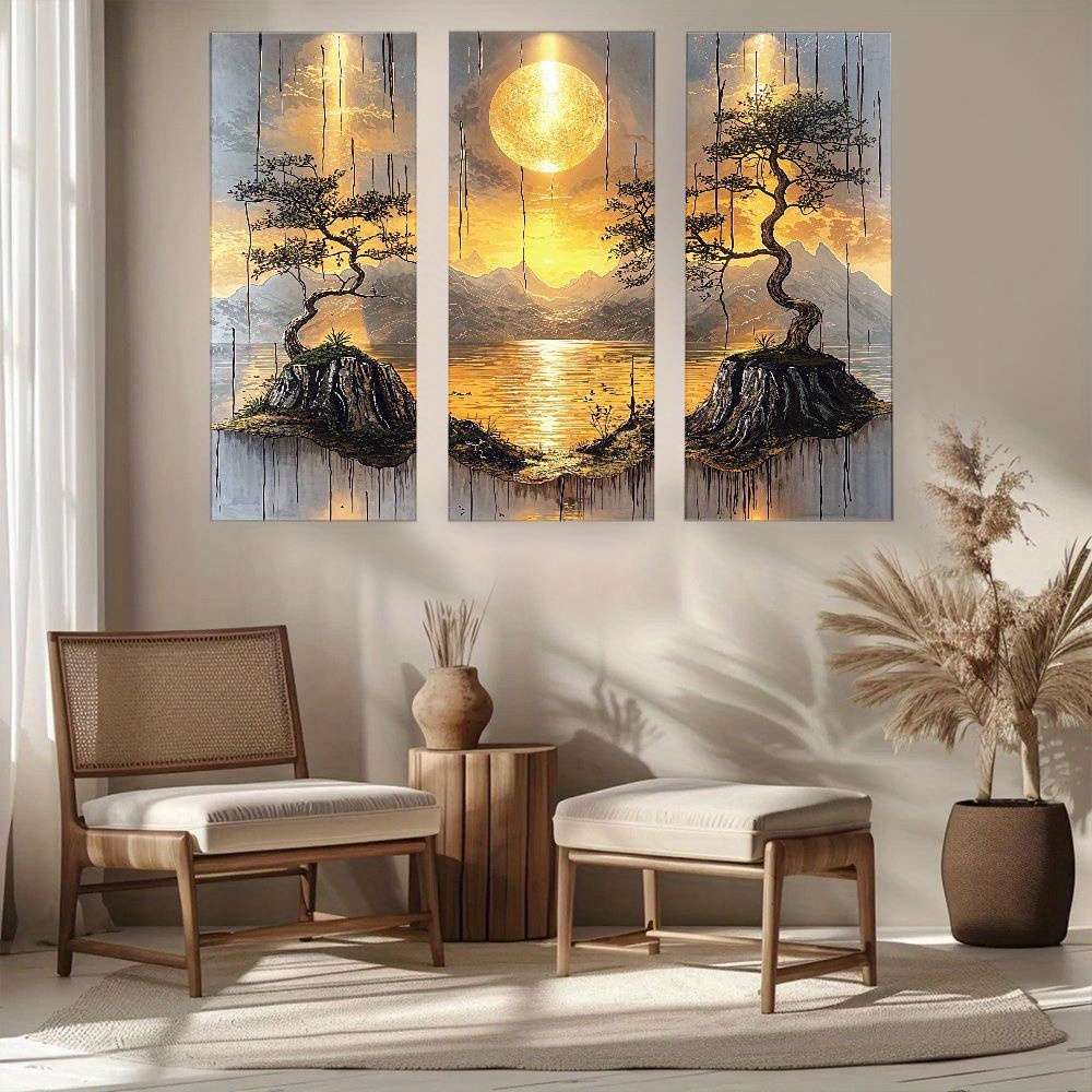 3Pcs Classic Leaflure Bonsai Tree Wall Art Golden Sun Mountain Living Room