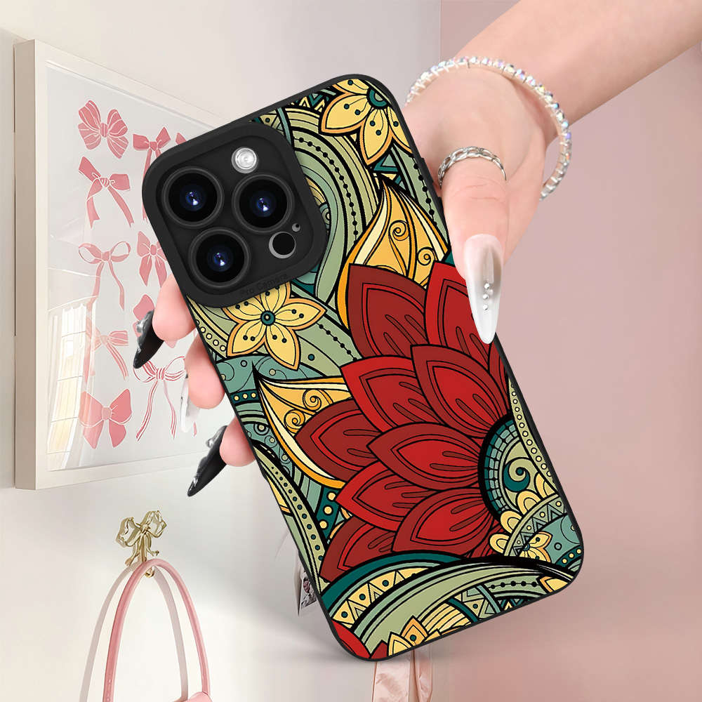 1Pc Black For iPhone 15 Plus Ethnic Print Phone Case