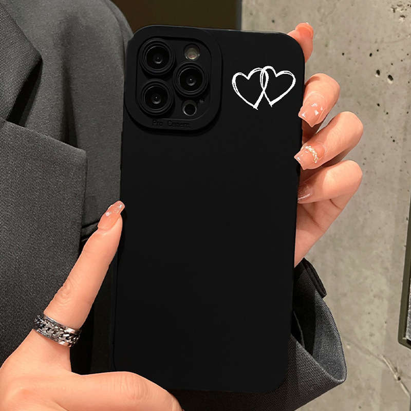 1Pc Black For iPhone 16 Plus Line And Heart Design Phone Case