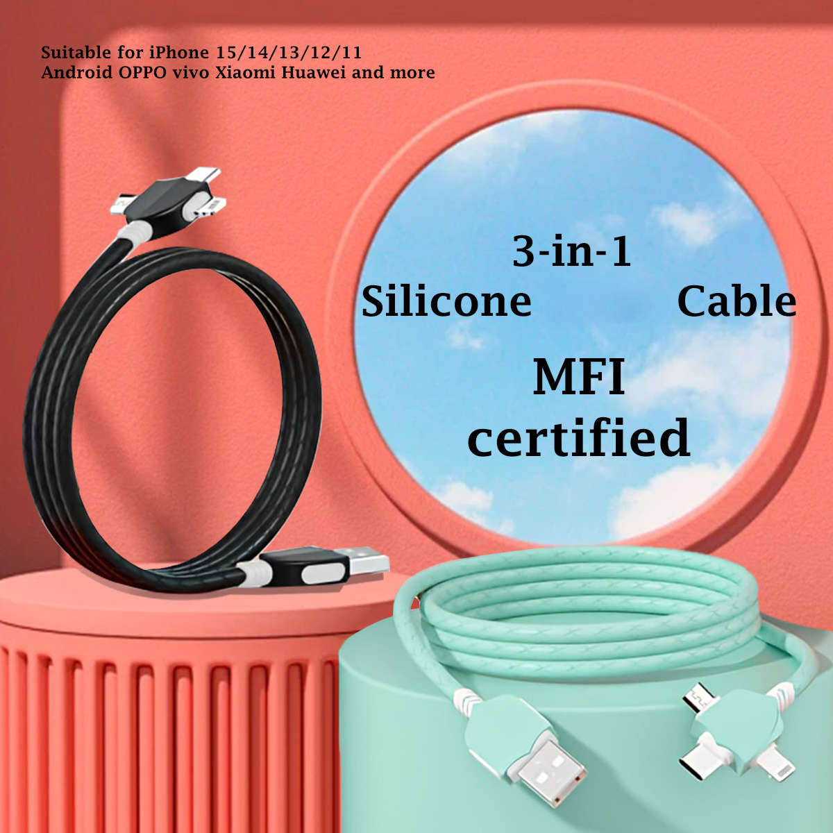 1pc Shield Silicone Data Cable 3-1 Mfi Certification Compatible with Multiple Devices Not Easy