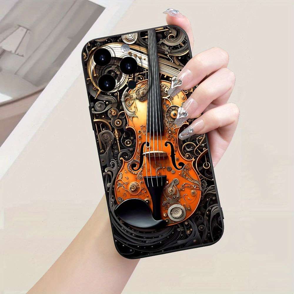 1Pc Black For iPhone 16e Steampunk Violin Pattern Phone Case