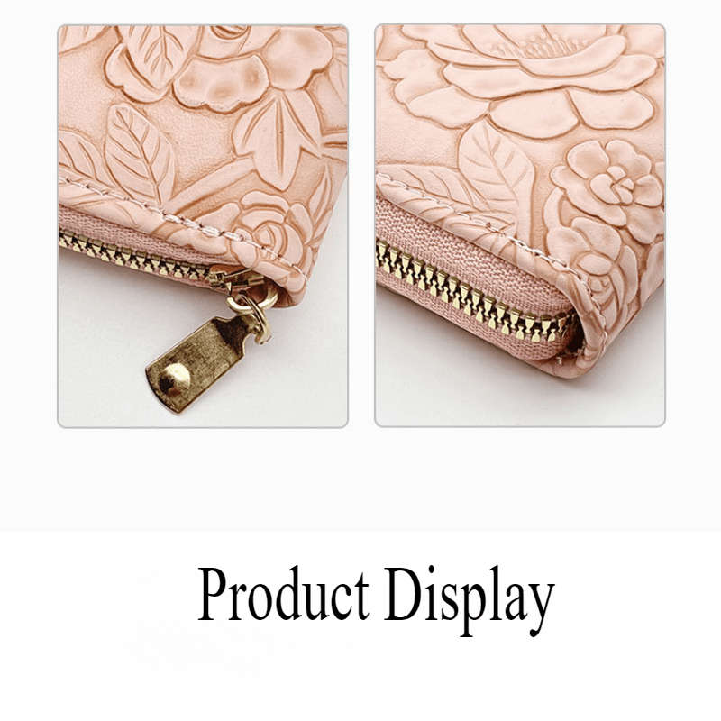 Women'S Pink Embossed Floral Zipper Walletlarge Capacity Card Holder With Chain Strap Elega