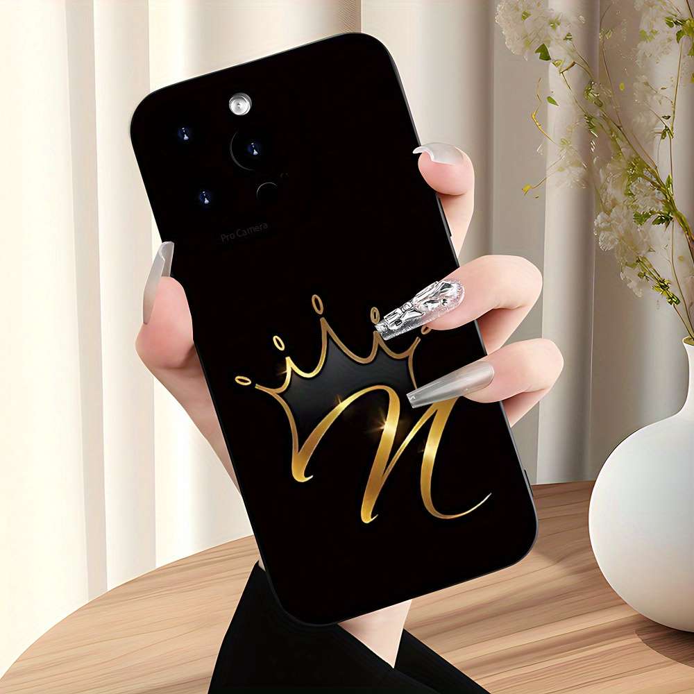 1Pc Black For iPhone 16 Plus Golden Crown Design Phone Case