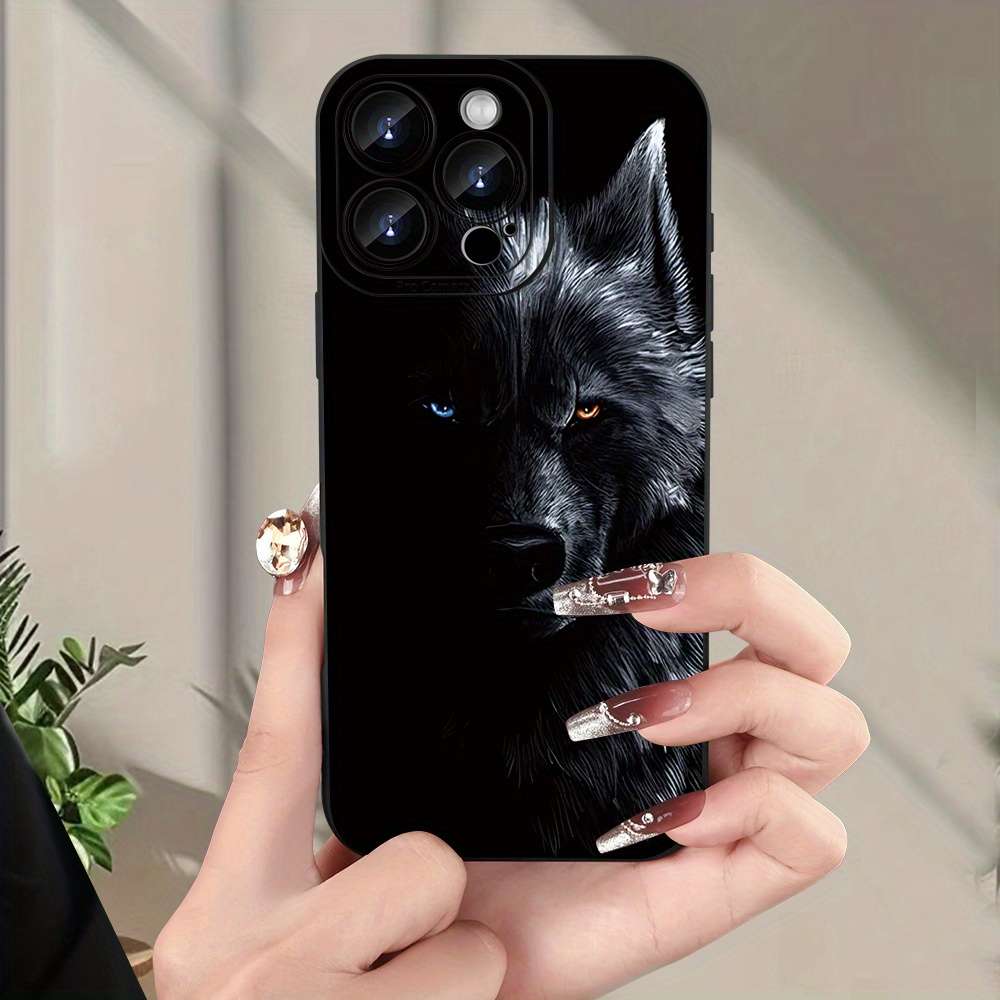 1Pc Black For iPhone 15 Wolf Pattern Phone Case