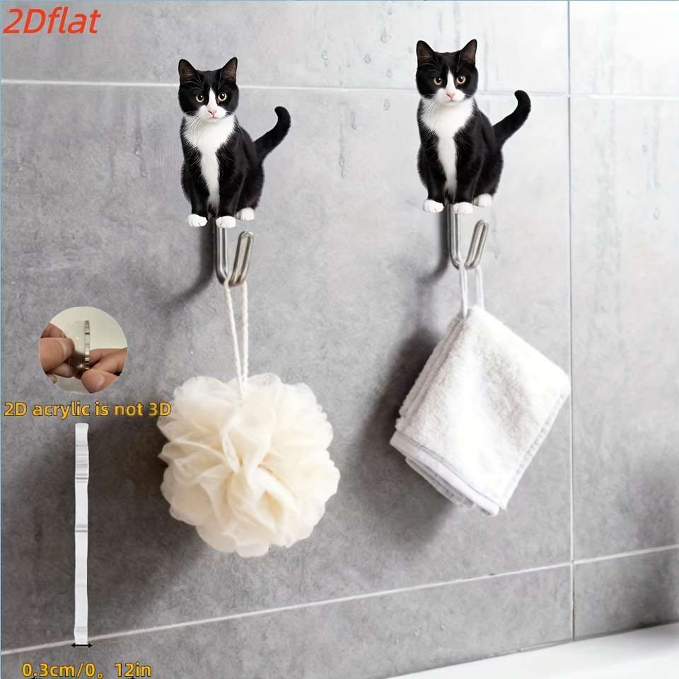 Cute Black White Kitten Wall Hook With Adhesive Backing No