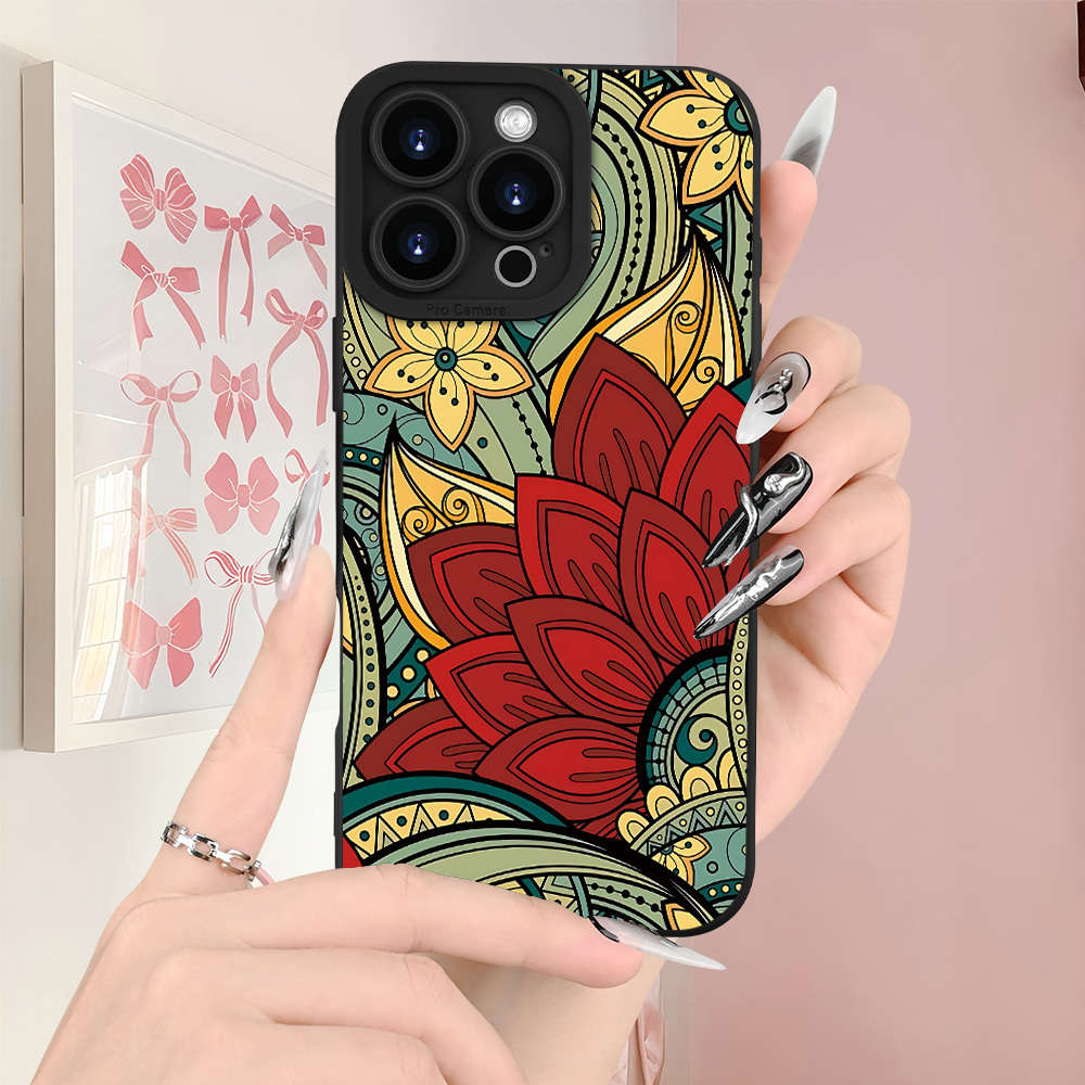 1Pc Black For iPhone 15 Plus Ethnic Print Phone Case