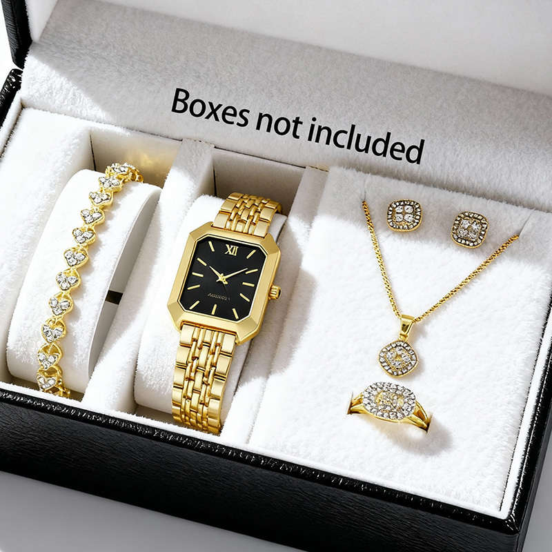 6Pcs Classic Charming Women Quartz Watch Jewelry Rhinestone Square Black